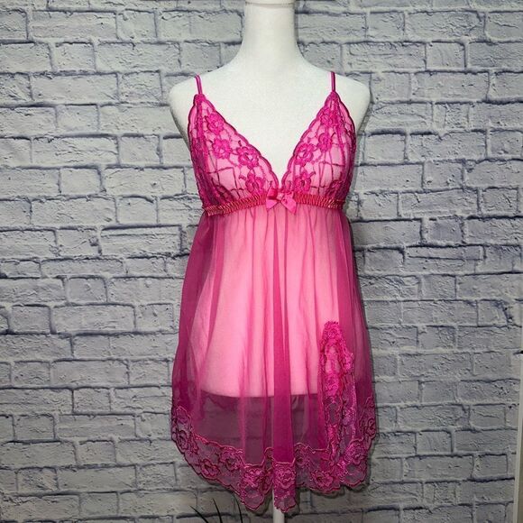 Fredericks of Hollywood pink sheer lace babydoll lingerie size 1X - Picture 1 of 11